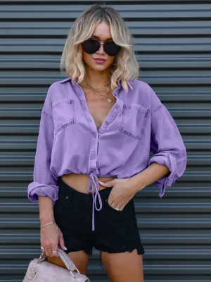 GYPSY-Drawstring Pocketed Denim Top