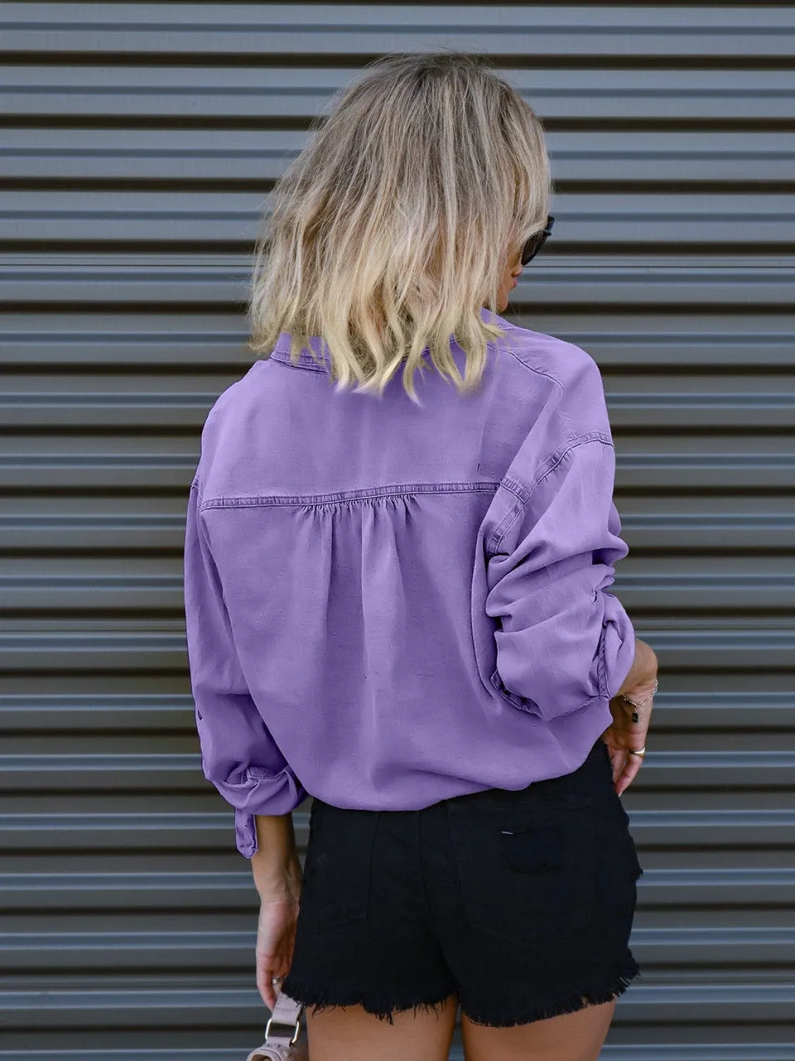 GYPSY-Drawstring Pocketed Denim Top