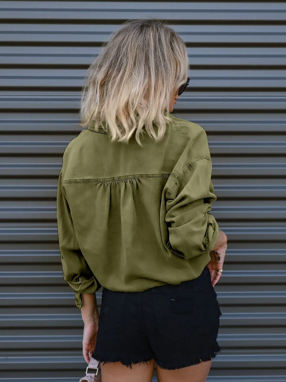GYPSY-Drawstring Pocketed Denim Top