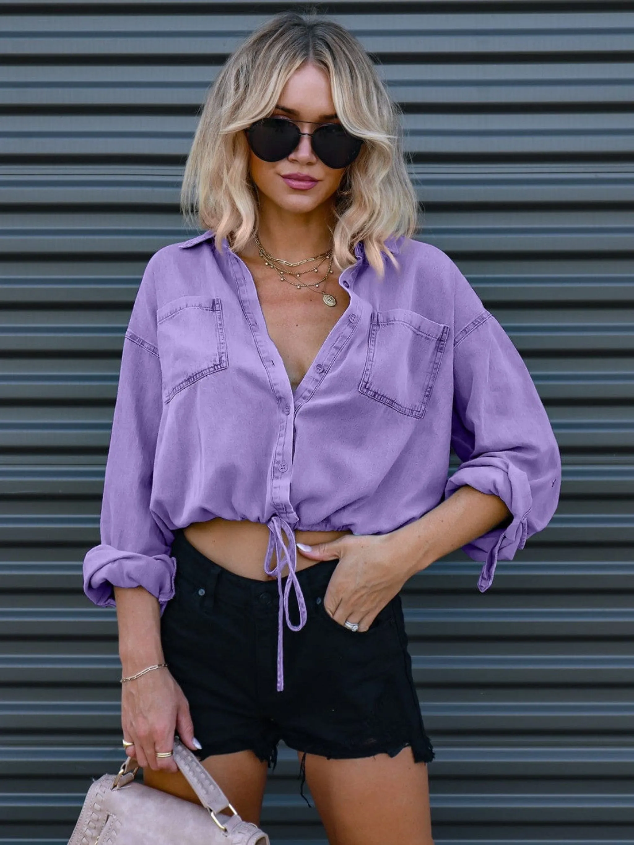 GYPSY-Drawstring Pocketed Denim Top