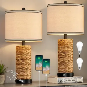 GyroVu Rattan Table Lamp Set of 2, Wicker Lamps, 3 Way Dimmable Touch Seagrass Table lamp with 2 USB Ports and 1 AC Outlet for Bedroom Nightstand Table, Livingroom End Table, Bulbs Include