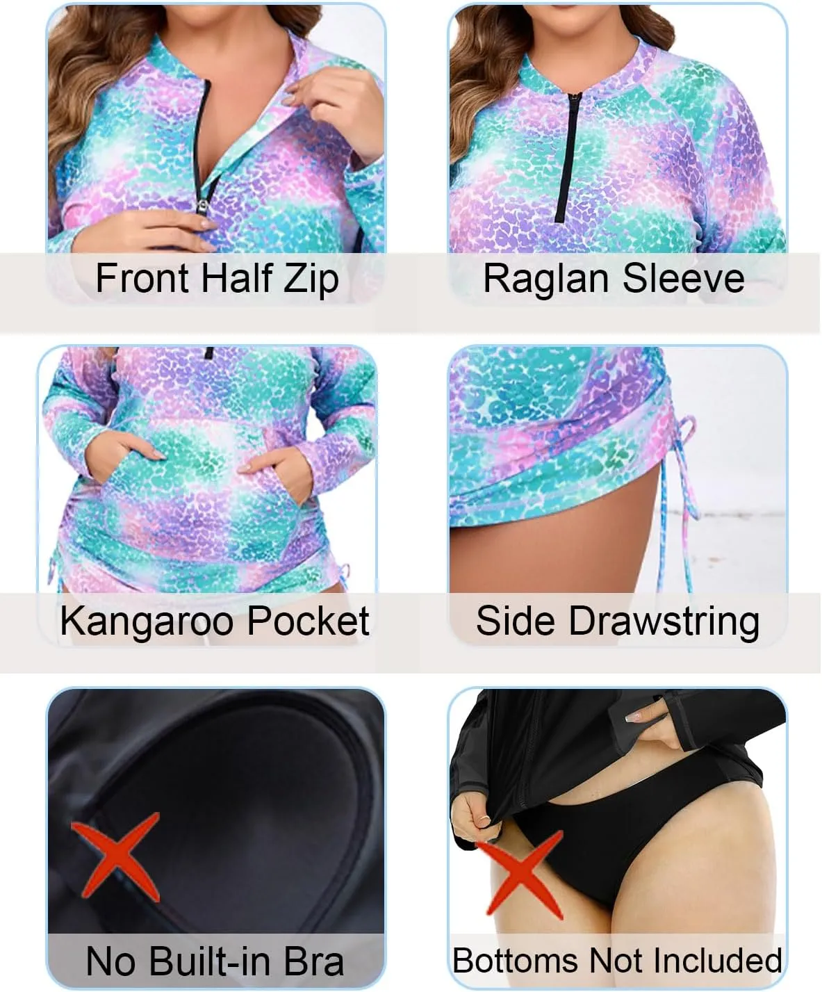 Halcurt Plus Size Rash Guard for Women UPF 50  Zip Drawstring Ruched Pocket Top