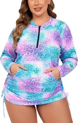 Halcurt Plus Size Rash Guard for Women UPF 50  Zip Drawstring Ruched Pocket Top