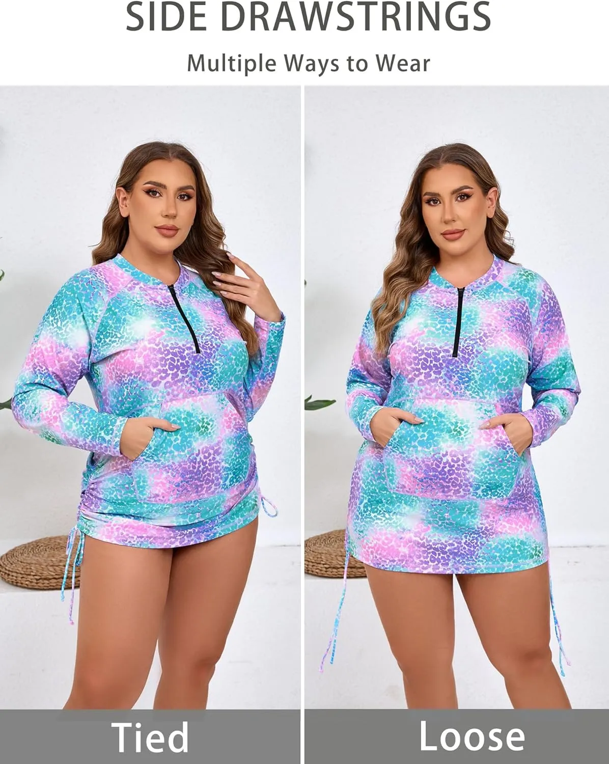 Halcurt Plus Size Rash Guard for Women UPF 50  Zip Drawstring Ruched Pocket Top