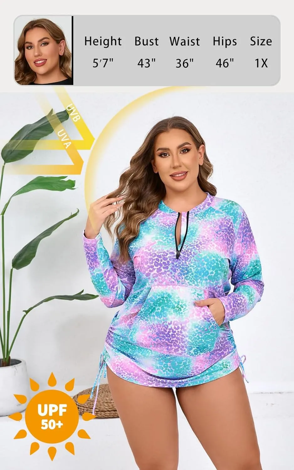 Halcurt Plus Size Rash Guard for Women UPF 50  Zip Drawstring Ruched Pocket Top