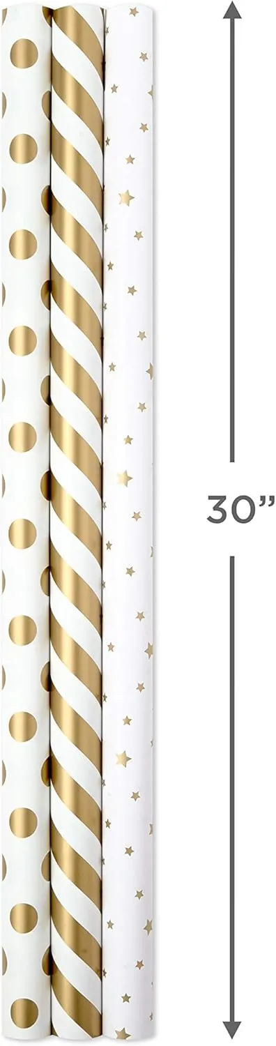 Hallmark Wrapping Paper Rolls for Weddings, Bridal Showers, Birthdays - Gold and White Gift Wrap Paper (Set of 3 Rolls: 105 sq. ft. ttl.) Metallic Striped and Polka Dot for All Occasions