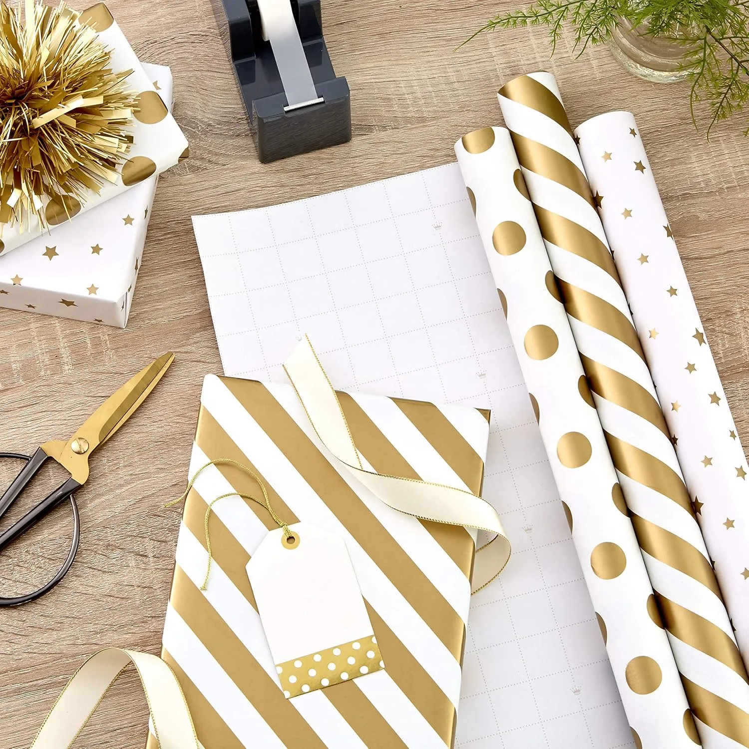 Hallmark Wrapping Paper Rolls for Weddings, Bridal Showers, Birthdays - Gold and White Gift Wrap Paper (Set of 3 Rolls: 105 sq. ft. ttl.) Metallic Striped and Polka Dot for All Occasions