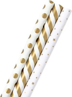 Hallmark Wrapping Paper Rolls for Weddings, Bridal Showers, Birthdays - Gold and White Gift Wrap Paper (Set of 3 Rolls: 105 sq. ft. ttl.) Metallic Striped and Polka Dot for All Occasions
