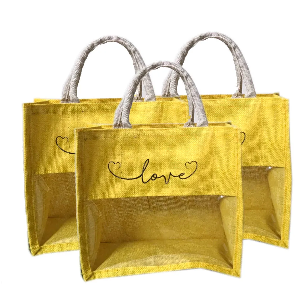 handmakers transparent jute bag with yellow color 13"X12"X6", pack of 10