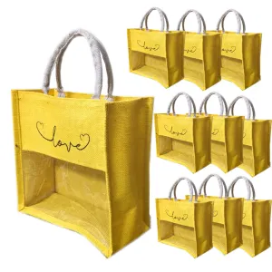 handmakers transparent jute bag with yellow color 13"X12"X6", pack of 10