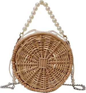 Handwoven Pearl Crossbody Straw Bag Round Basket Style Handbag Satchel Wristlet