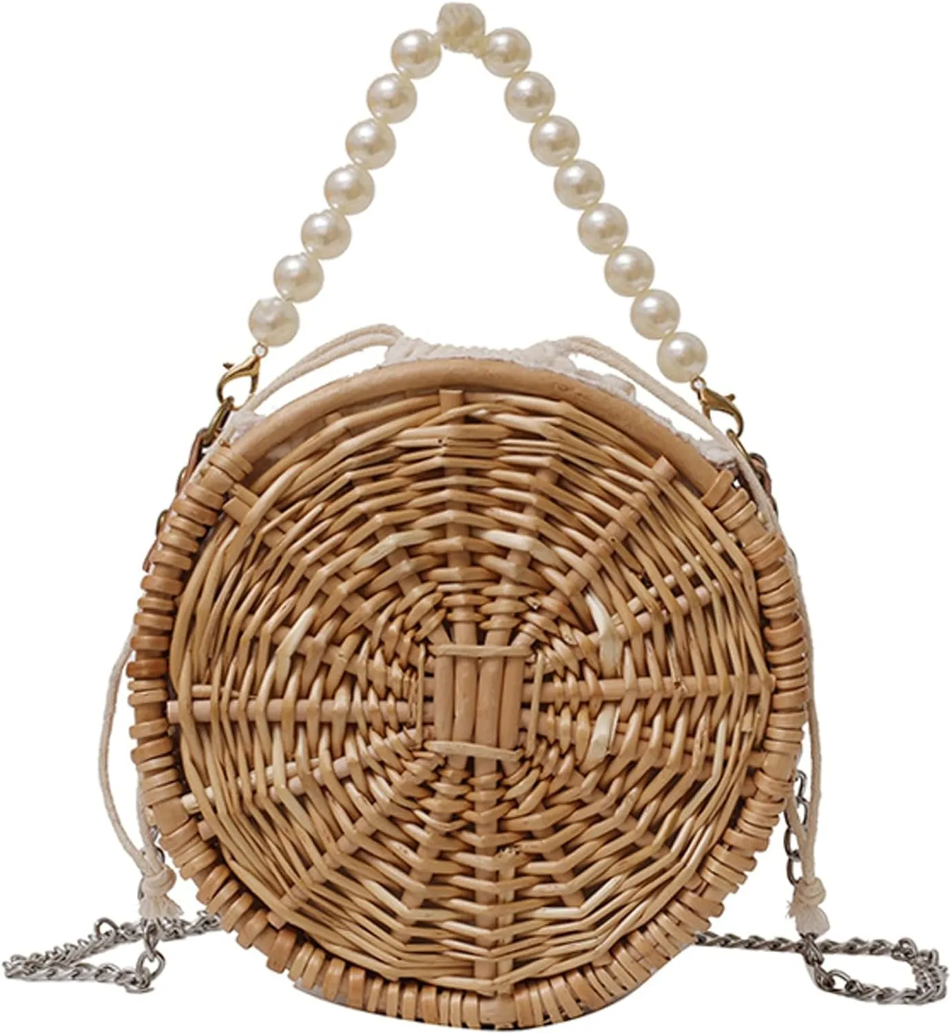 Handwoven Pearl Crossbody Straw Bag Round Basket Style Handbag Satchel Wristlet