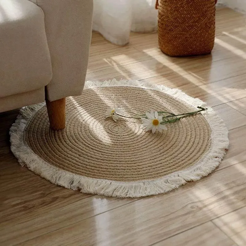 Handwoven Rattan Round Rug - Boho Home Decor