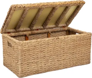 Handwoven Wicker 35" Banana Leaf Rattan Storage Trunk and Chest Seagrass XL Organizers with Lid, Natural Color with Handles
