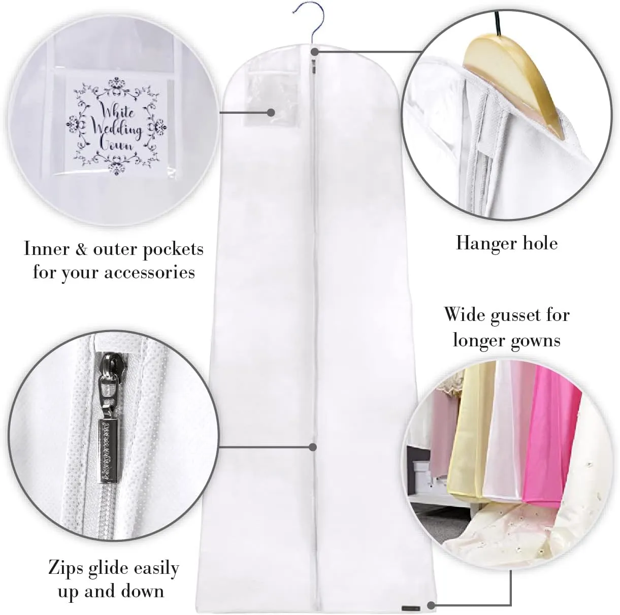 HANGERWORLD 72inch Breathable Wedding Gown Long Dress Hanging Garment Bag for Closet Storage (White)