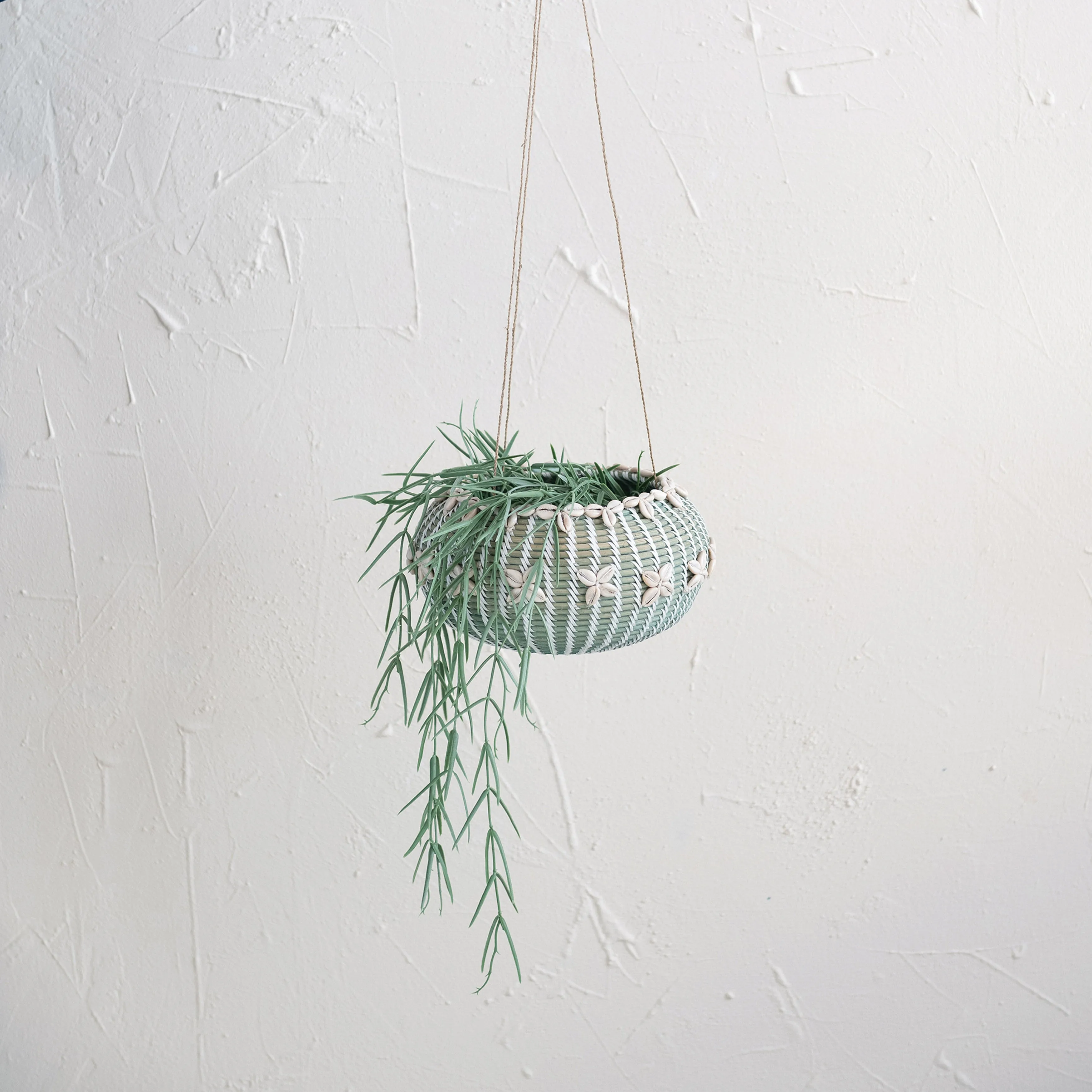 Hanging Handwoven Rattan Planter with Shells & Jute Hanger