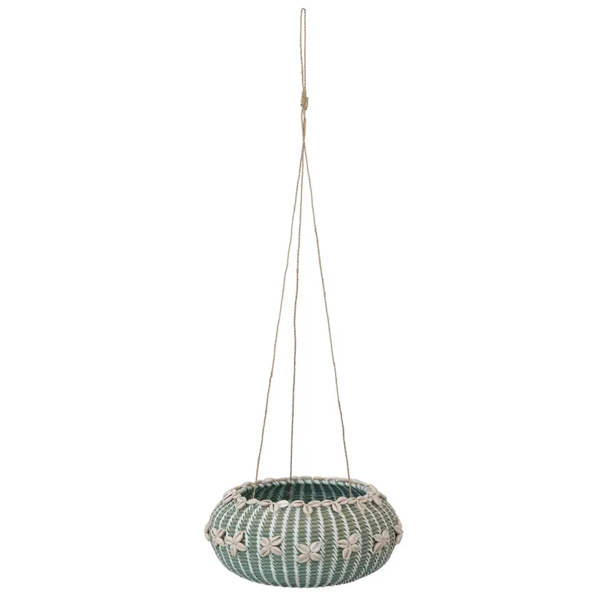Hanging Handwoven Rattan Planter with Shells & Jute Hanger