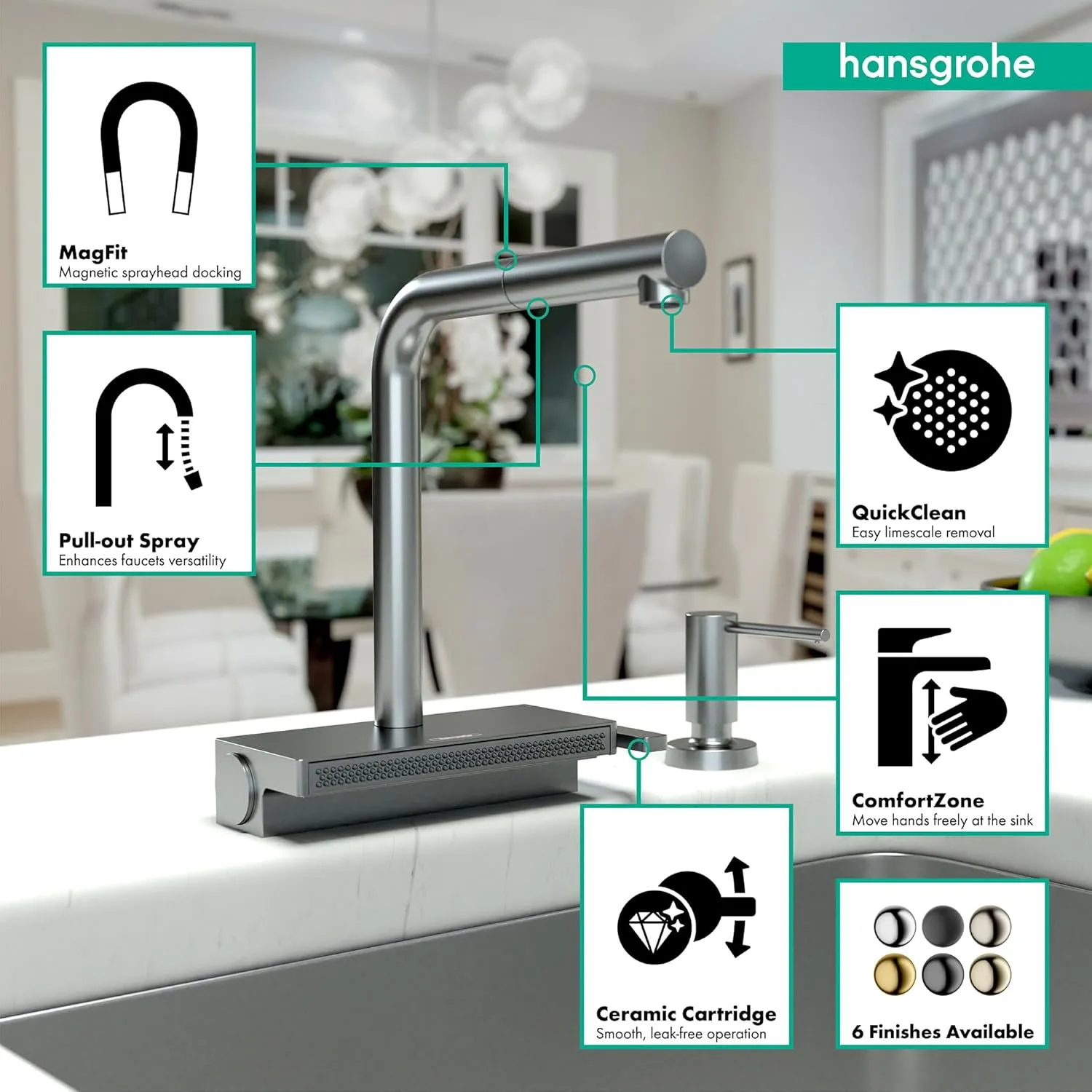 hansgrohe Aquno Select Black Single-Handle Kitchen Faucet, Kitchen Faucets with Pull Out Sprayer, Faucet for Kitchen Sink, Magnetic Docking Spray Head, Brushed Black Chrome 73836341