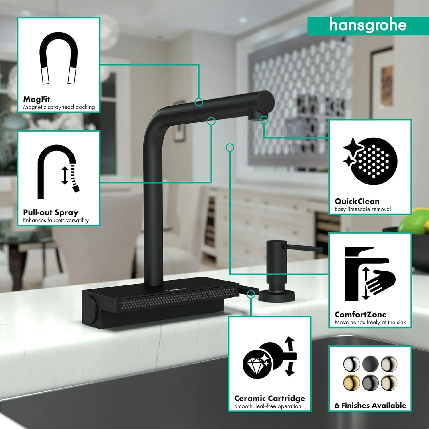 hansgrohe Aquno Select Black Single-Handle Kitchen Faucet, Kitchen Faucets with Pull Out Sprayer, Faucet for Kitchen Sink, Magnetic Docking Spray Head, Matte Black 73836671