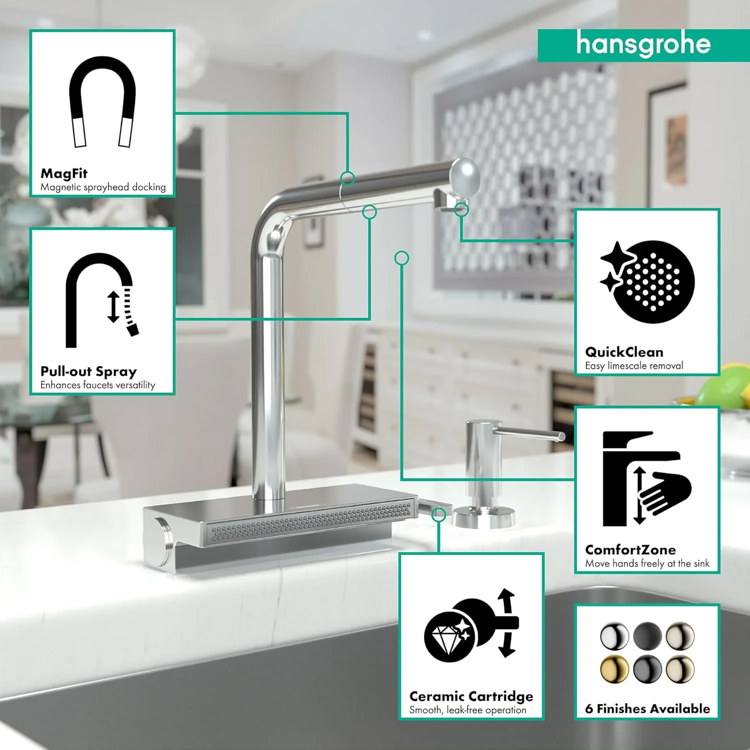 hansgrohe Aquno Select Chrome Single-Handle Kitchen Faucet, Kitchen Faucets with Pull Out Sprayer, Faucet for Kitchen Sink, Magnetic Docking Spray Head, Chrome 73836001