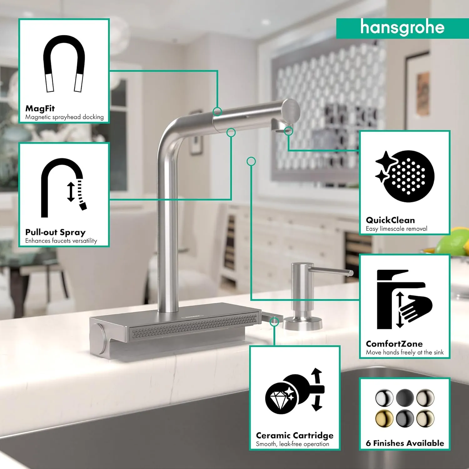 hansgrohe Aquno Select Stainless Steel Single-Handle Kitchen Faucet, Kitchen Faucets with Pull Out Sprayer, Faucet for Kitchen Sink, Magnetic Docking Spray Head, Stainless Steel Optic 73836801