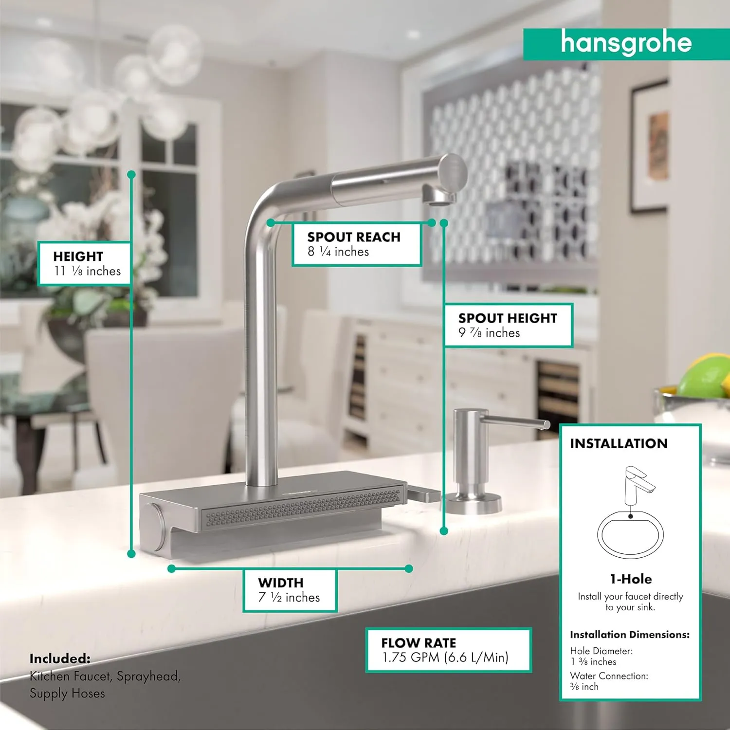 hansgrohe Aquno Select Stainless Steel Single-Handle Kitchen Faucet, Kitchen Faucets with Pull Out Sprayer, Faucet for Kitchen Sink, Magnetic Docking Spray Head, Stainless Steel Optic 73836801