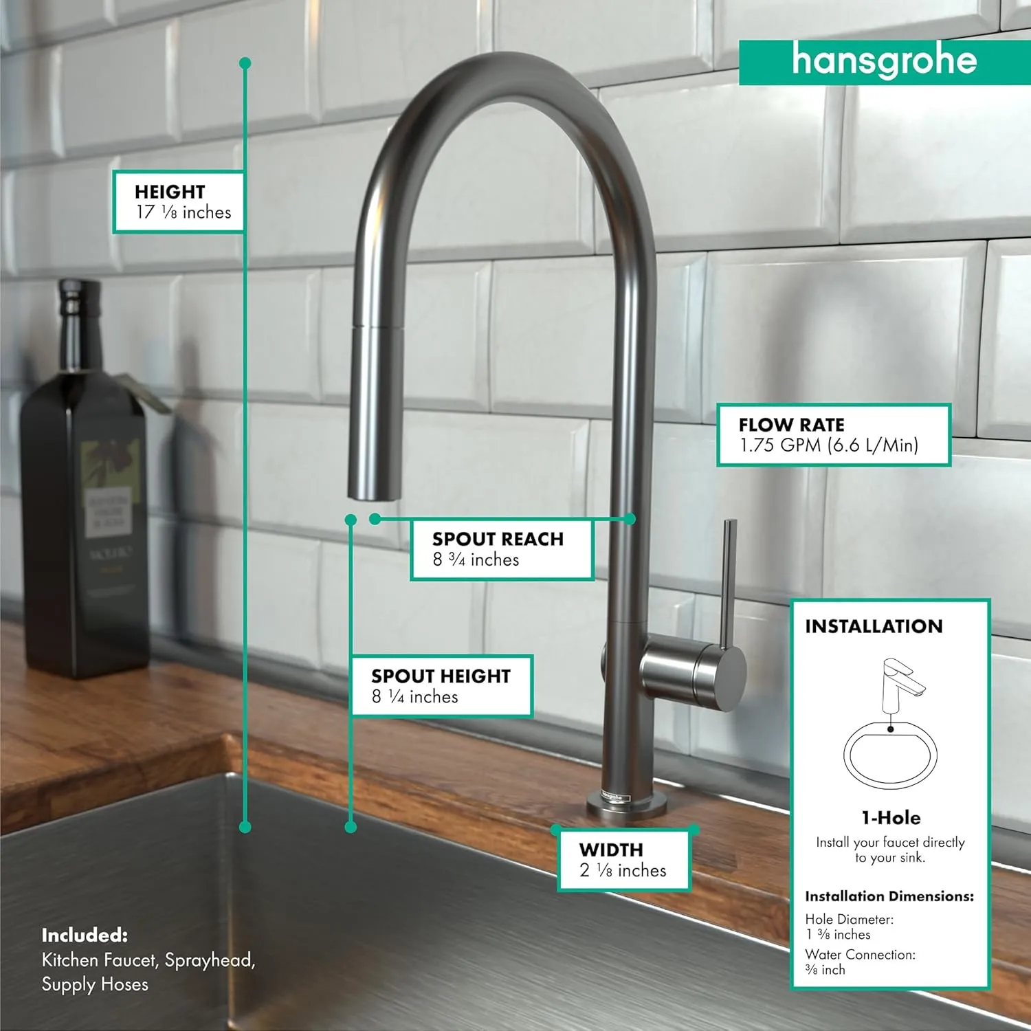 hansgrohe Talis N Black High Arc Kitchen Faucet, Kitchen Faucets with Pull Down Sprayer, Faucet for Kitchen Sink, Magnetic Docking Spray Head, Brushed Black Chrome 72800341