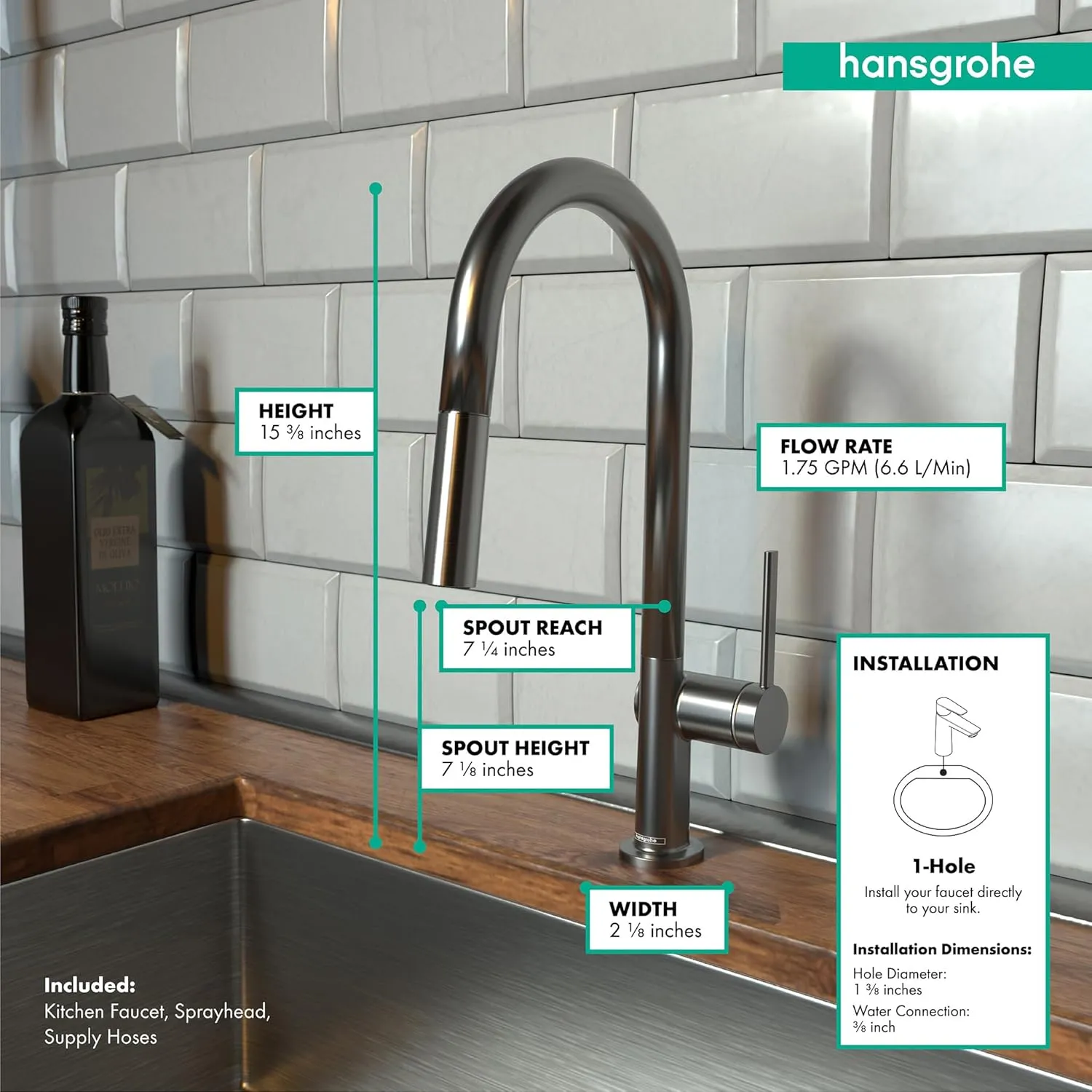 hansgrohe Talis N Black High Arc Kitchen Faucet, Kitchen Faucets with Pull Down Sprayer, Faucet for Kitchen Sink, Magnetic Docking Spray Head, Brushed Black Chrome 72846341