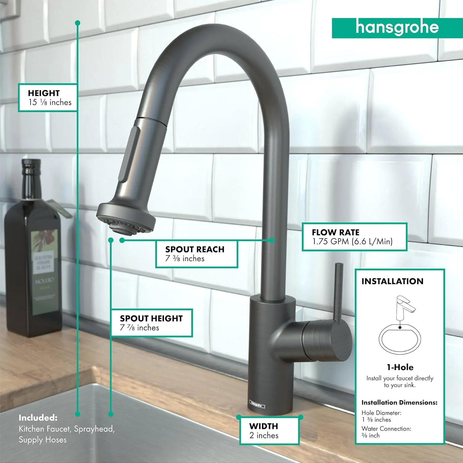 hansgrohe Talis S² Black Bar Kitchen Faucet, Kitchen Faucets with Pull Down Sprayer, Faucet for Kitchen Sink, Magnetic Docking Spray Head, Brushed Black Chrome 04286340