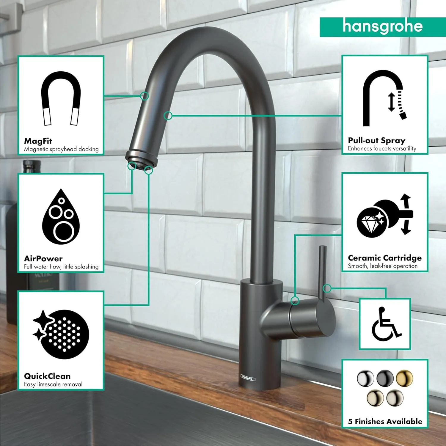 hansgrohe Talis S² Black High Arc Kitchen Faucet, Kitchen Faucets with Pull Down Sprayer, Faucet for Kitchen Sink, Magnetic Docking Spray Head, Brushed Black Chrome 14872341