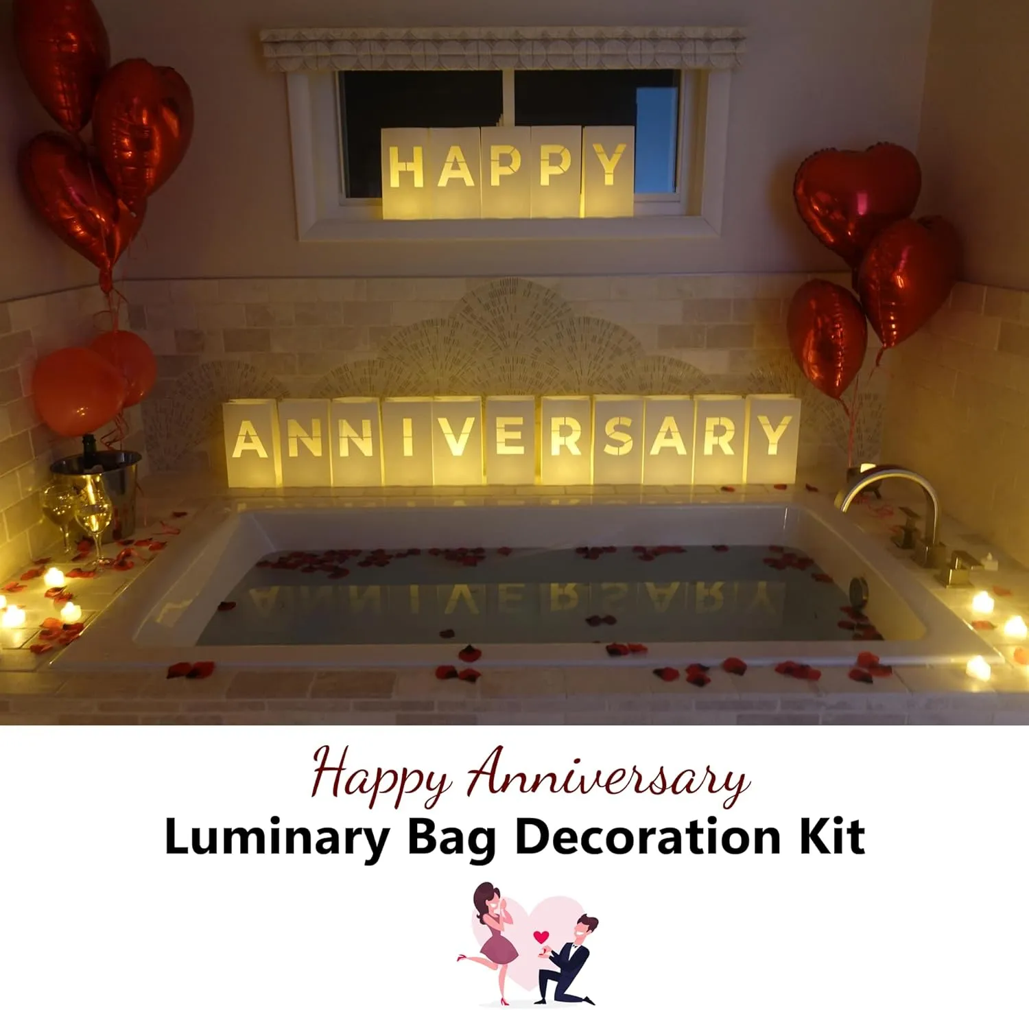 Happy Anniversary Luminary Bags with LED Tea Light Candles, Balloons, and Rose Petals – Romantic Decorations for Proposals, Anniversaries, and Special Moments