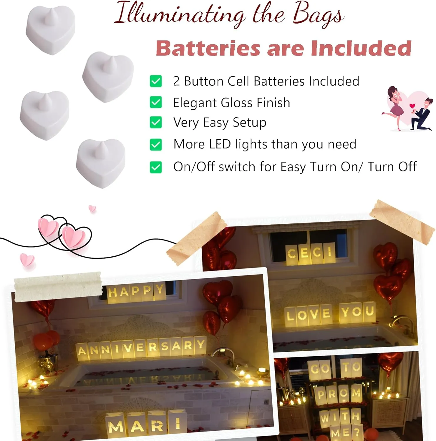 Happy Anniversary Luminary Bags with LED Tea Light Candles, Balloons, and Rose Petals – Romantic Decorations for Proposals, Anniversaries, and Special Moments