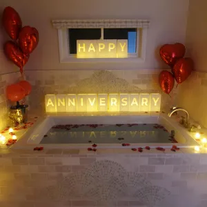 Happy Anniversary Luminary Bags with LED Tea Light Candles, Balloons, and Rose Petals – Romantic Decorations for Proposals, Anniversaries, and Special Moments