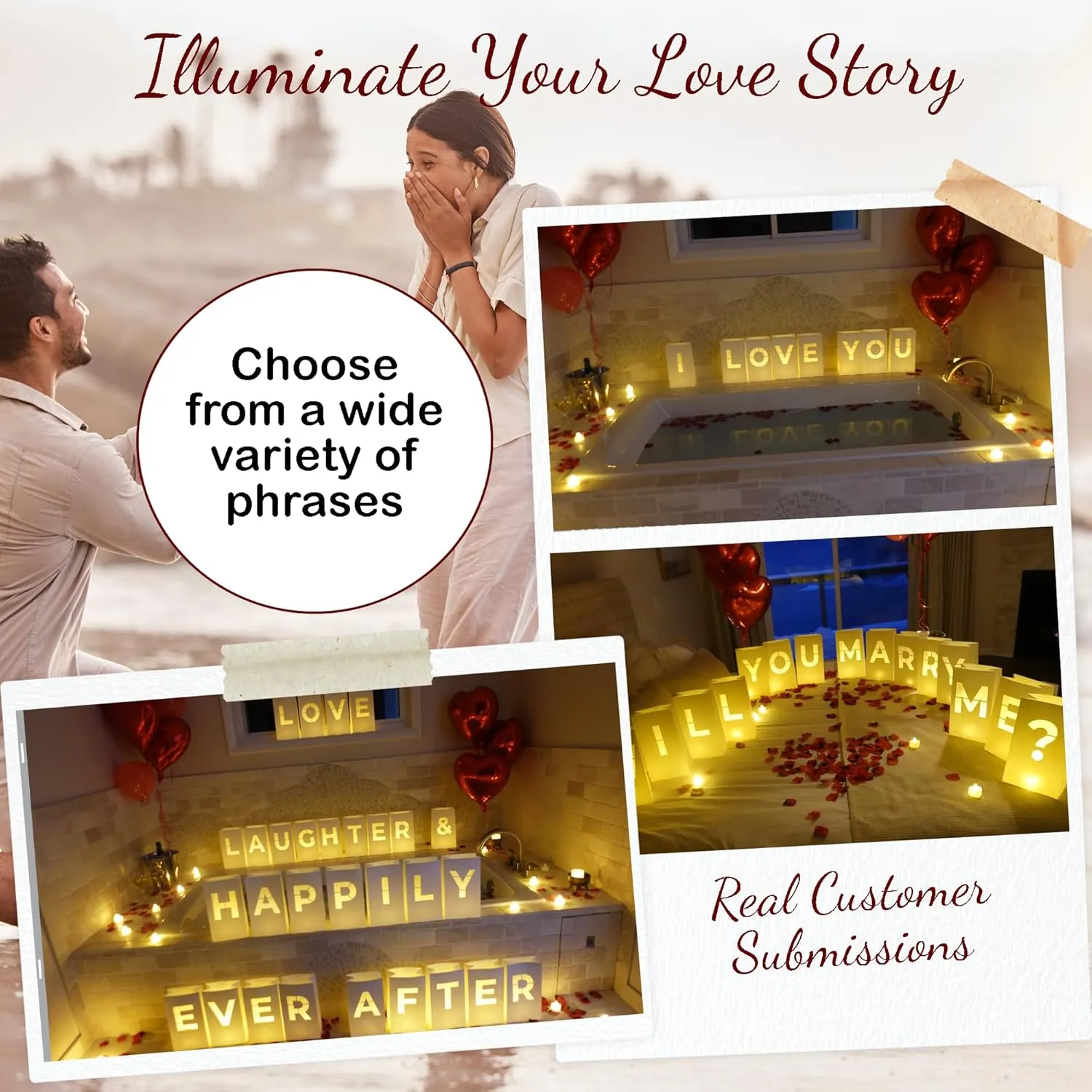 Happy Anniversary Luminary Bags with LED Tea Light Candles, Balloons, and Rose Petals – Romantic Decorations for Proposals, Anniversaries, and Special Moments