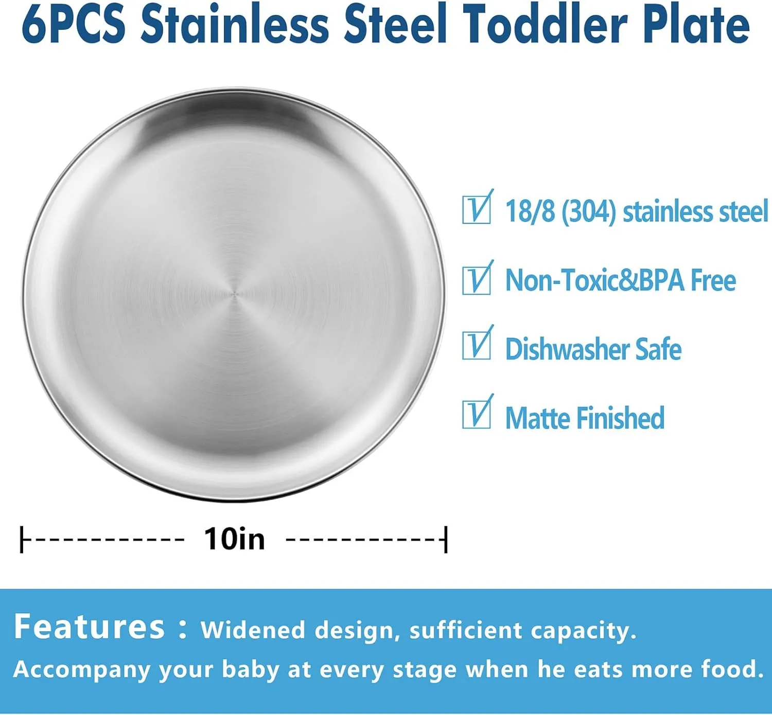 HaWare 6-Piece 18/8 Stainless Steel Plates, Metal 304 Dinner Dishes for Kids Toddlers Children, 10 Inches Feeding Serving Camping Plates, Reusable and Dishwasher Safe