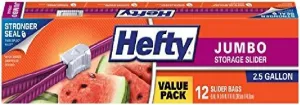 Hefty Slider 2.5 Gallon Jumbo Storage Bags, 12 Count (Pack of 3) 36 Bags Total