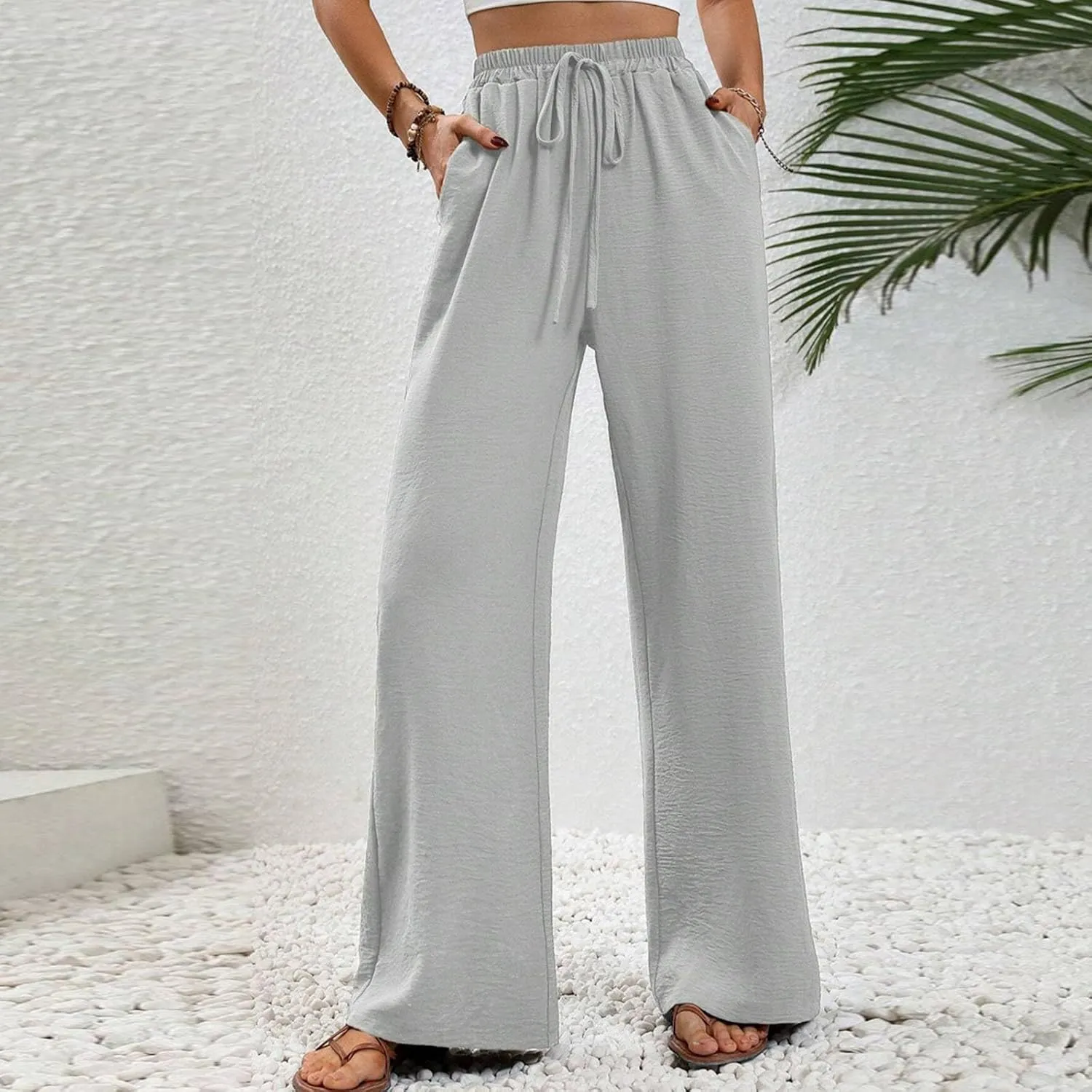 HGps8w Wide Leg Linen Pants for Women Solid Color Elastic High Waist Drawstring Loose Comfy Lounge Pants with Pockets