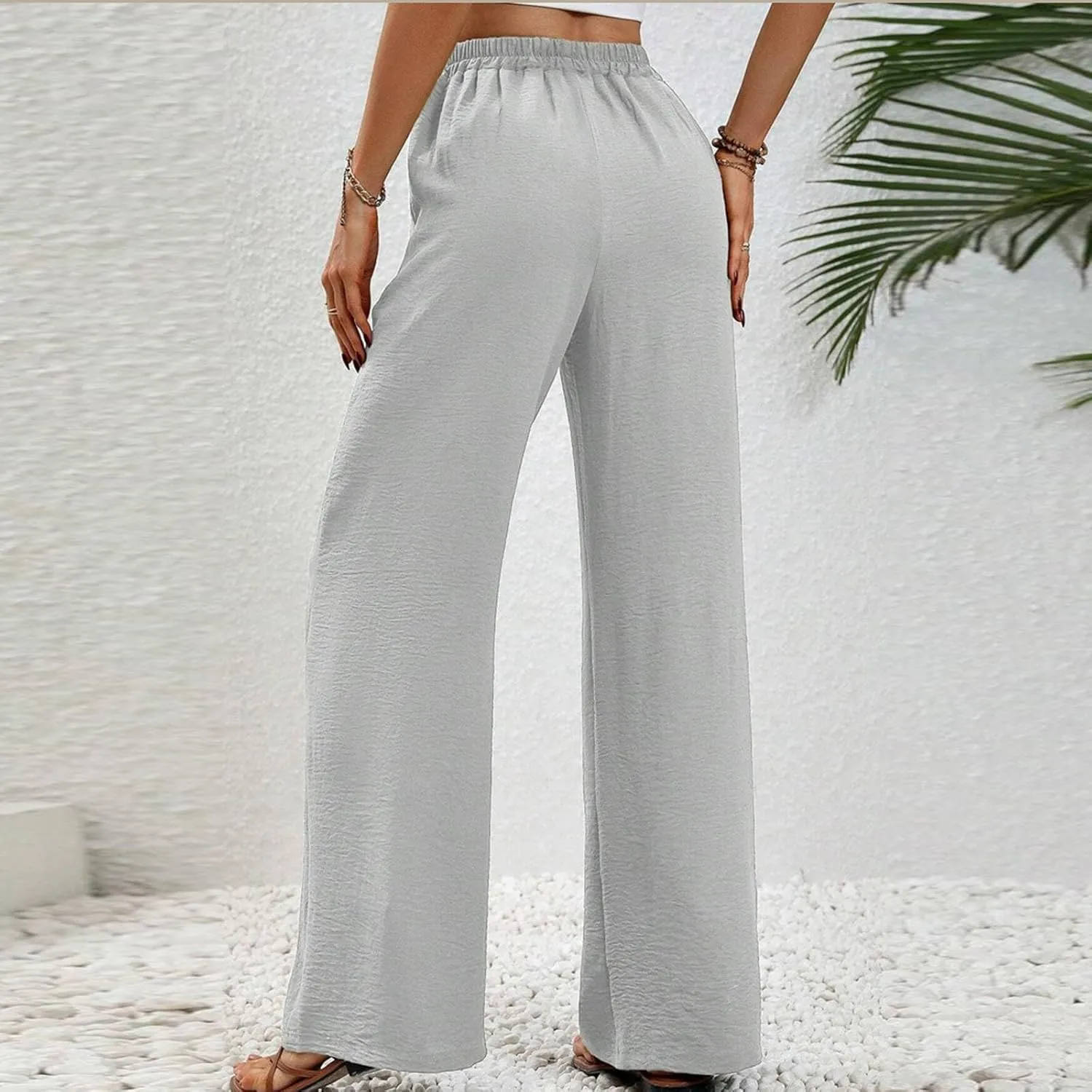 HGps8w Wide Leg Linen Pants for Women Solid Color Elastic High Waist Drawstring Loose Comfy Lounge Pants with Pockets