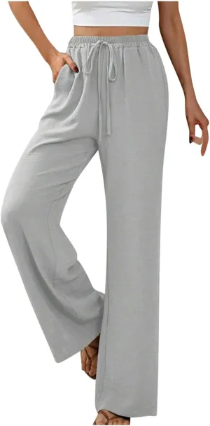 HGps8w Wide Leg Linen Pants for Women Solid Color Elastic High Waist Drawstring Loose Comfy Lounge Pants with Pockets