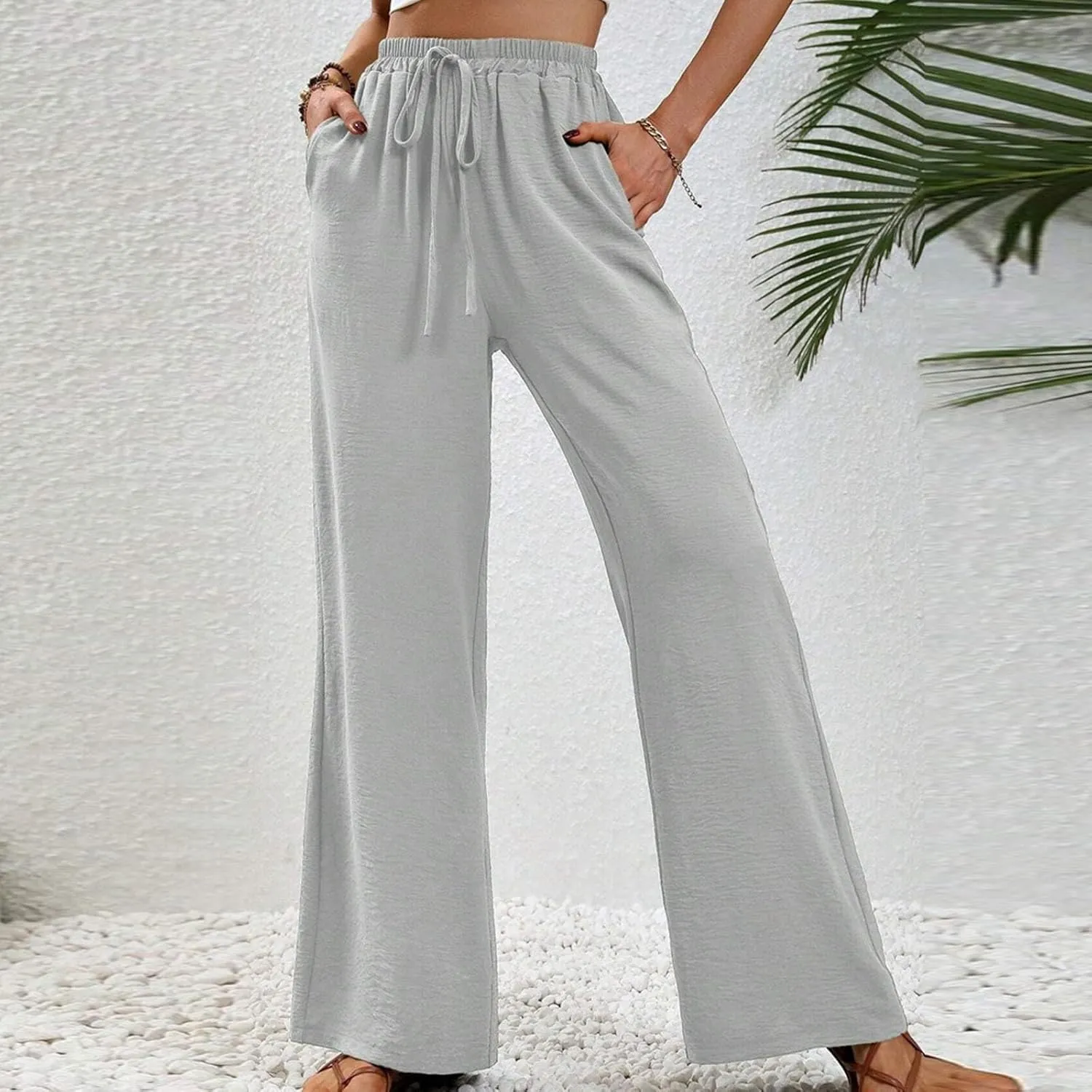 HGps8w Wide Leg Linen Pants for Women Solid Color Elastic High Waist Drawstring Loose Comfy Lounge Pants with Pockets