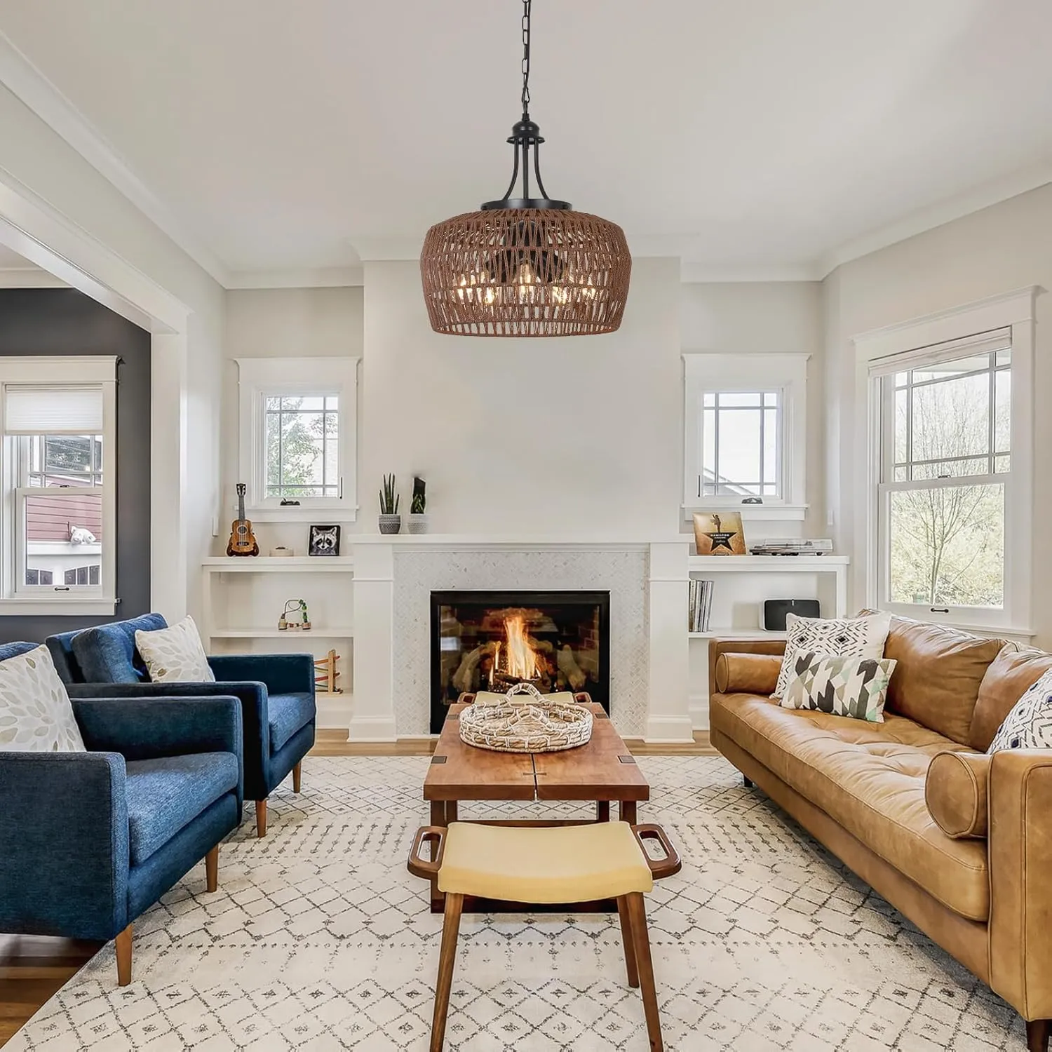 HMVPL Coffee Rattan Chandeliers for Dining Room, 5-Light Coastal Chandelier with Wicker Lampshade, Large Farmhouse Light Fixture, Boho Dining Room Chandelier for Island Kitchen Bedroom Living Room