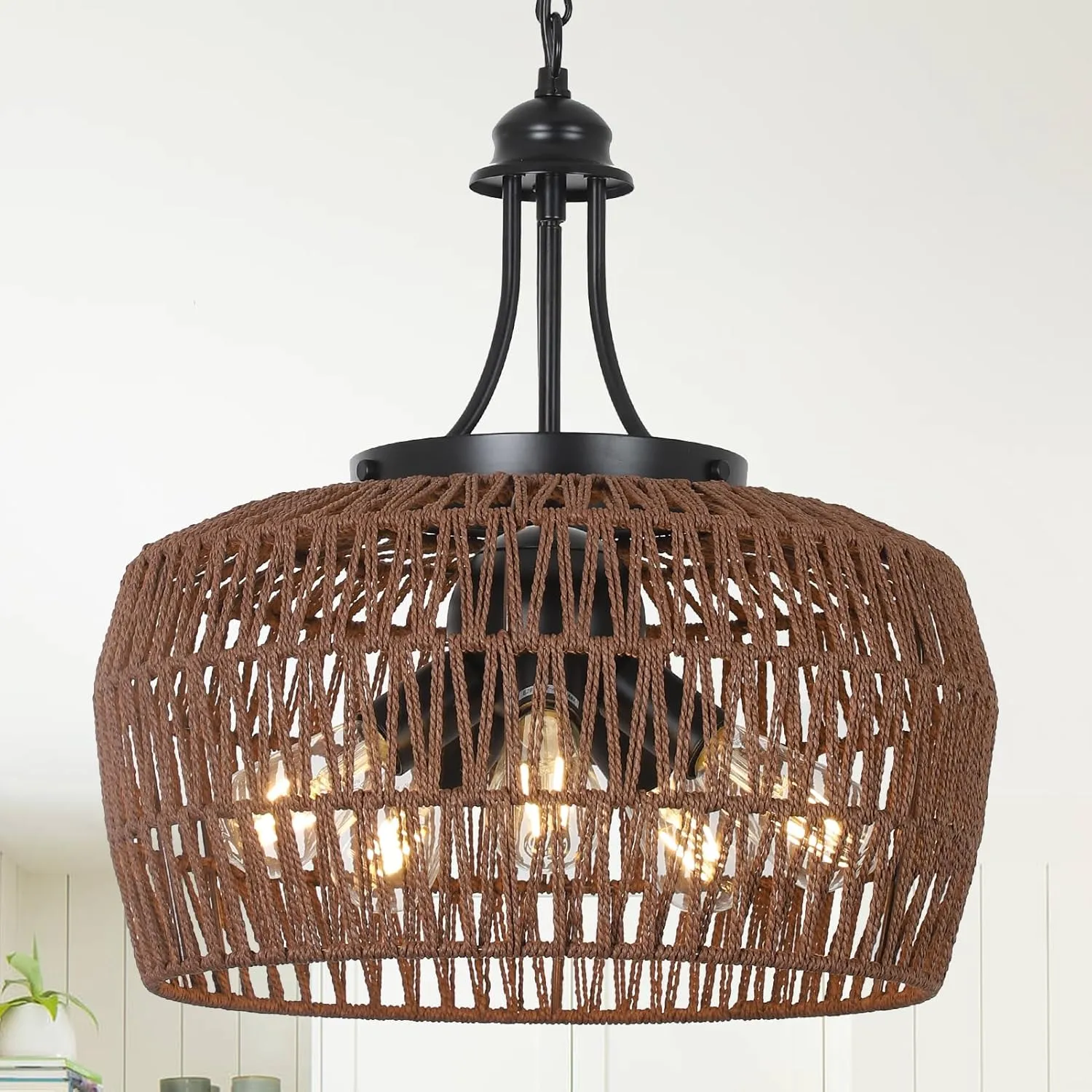 HMVPL Coffee Rattan Chandeliers for Dining Room, 5-Light Coastal Chandelier with Wicker Lampshade, Large Farmhouse Light Fixture, Boho Dining Room Chandelier for Island Kitchen Bedroom Living Room