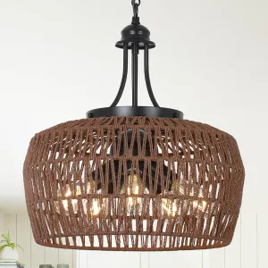 HMVPL Coffee Rattan Chandeliers for Dining Room, 5-Light Coastal Chandelier with Wicker Lampshade, Large Farmhouse Light Fixture, Boho Dining Room Chandelier for Island Kitchen Bedroom Living Room