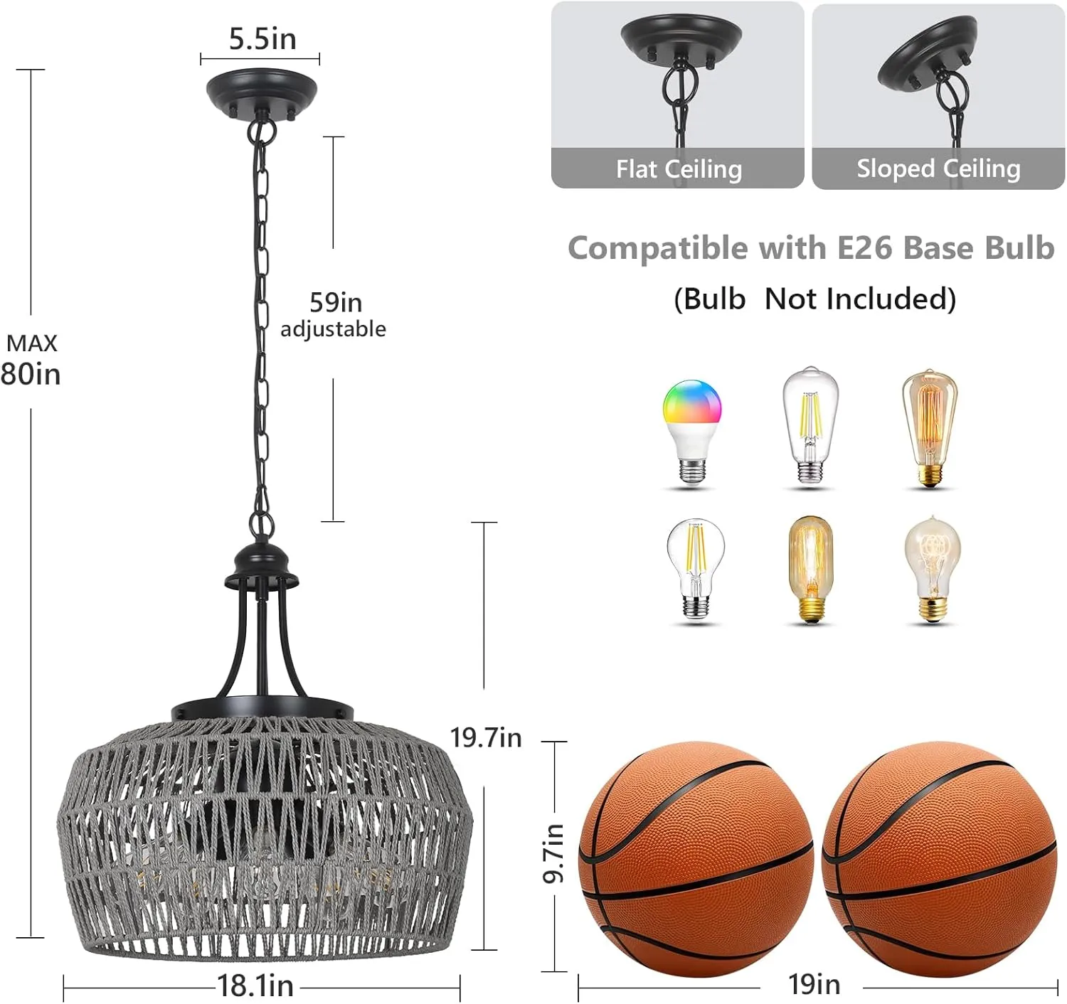 HMVPL Grey Rattan Chandeliers for Dining Room, 5-Light Boho Dining Room Light Fixture with Wicker Lampshade, Large Coastal Pendant Light, Modern Farmhouse Light Fixture for Kitchen Bedroom Living Room