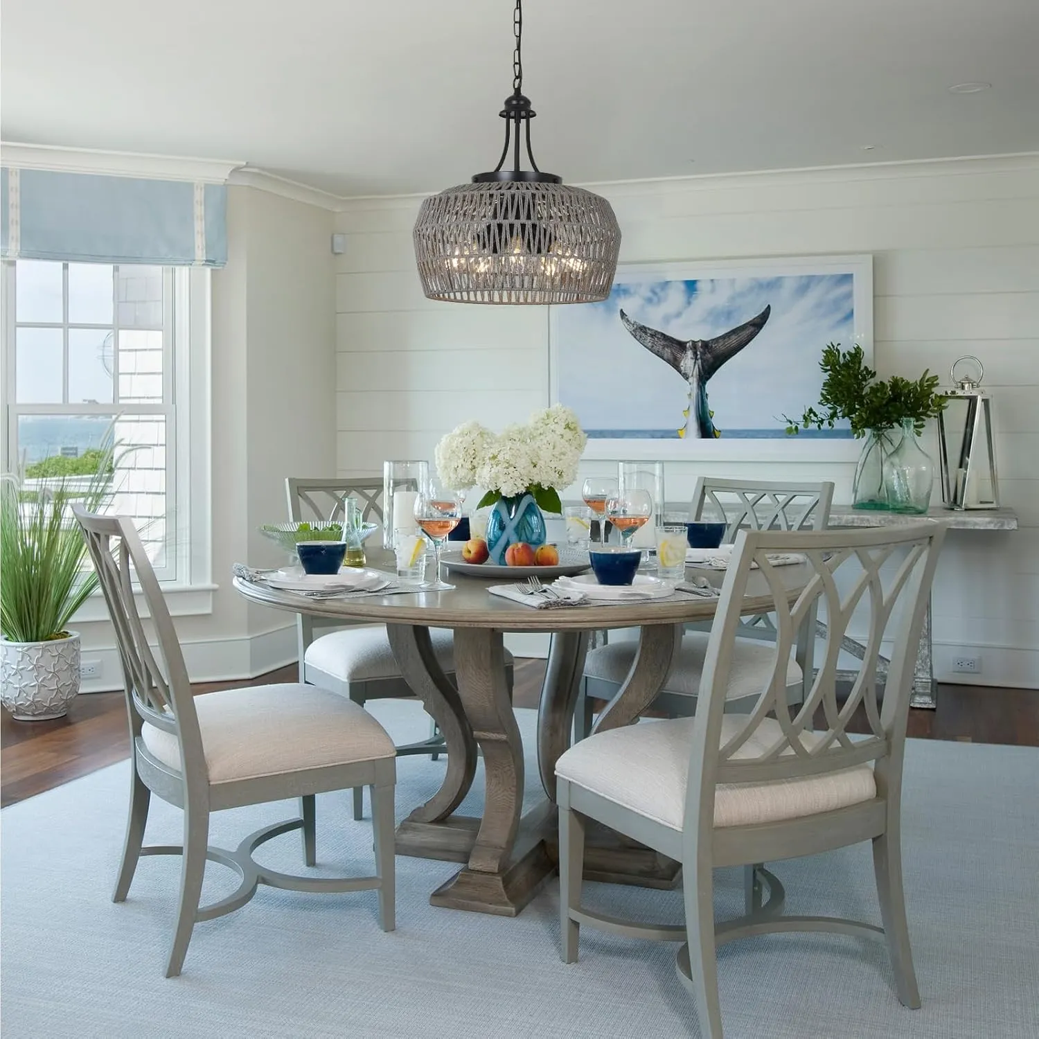 HMVPL Grey Rattan Chandeliers for Dining Room, 5-Light Boho Dining Room Light Fixture with Wicker Lampshade, Large Coastal Pendant Light, Modern Farmhouse Light Fixture for Kitchen Bedroom Living Room