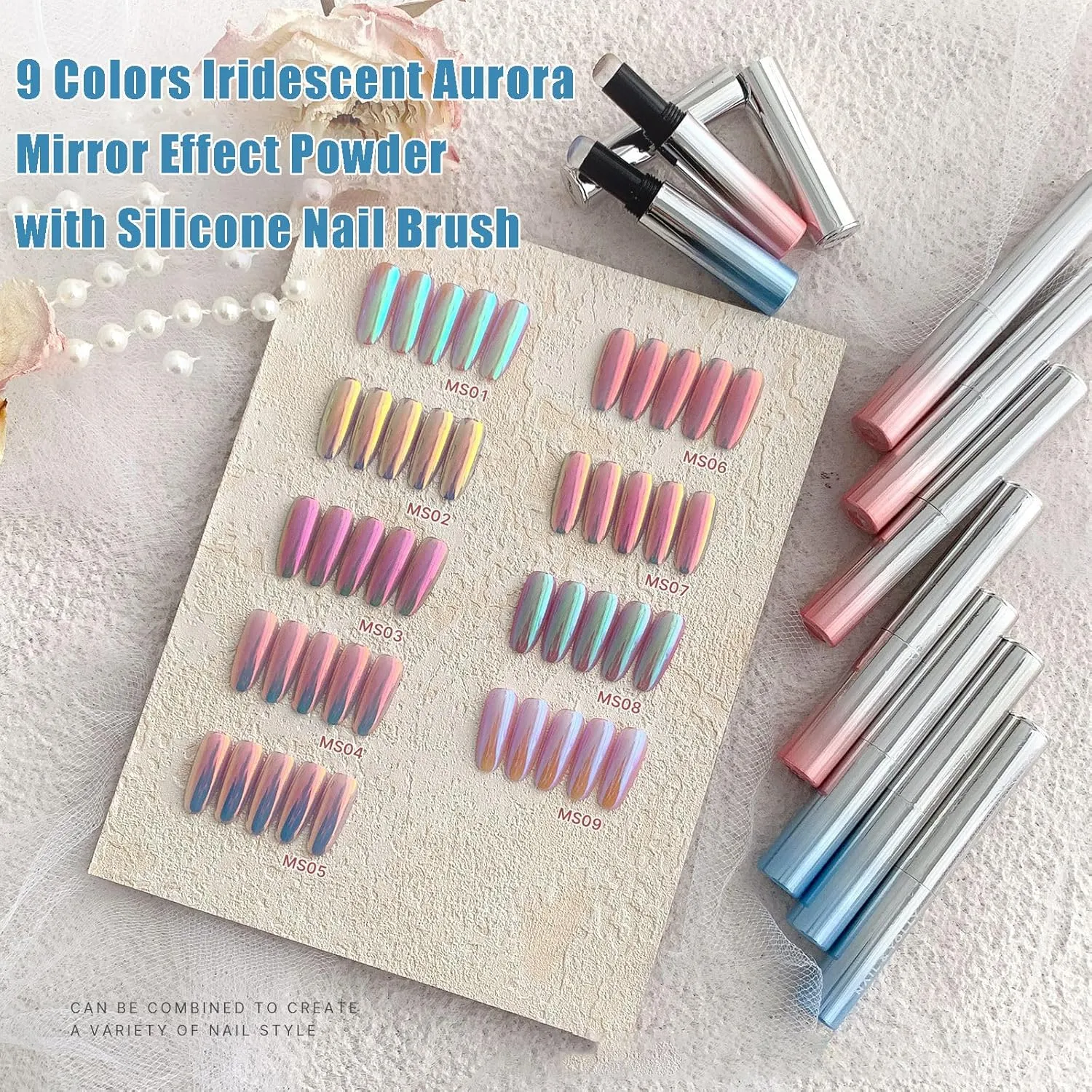 Holographic Chrome Nail Powder Set, 9 Colors Metallic Mirror Effect Powder with Silicone Nail Brush Iridescent Shell Aurora Glitter Nail Art Pigment for Home DIY Nail Salon Manicure