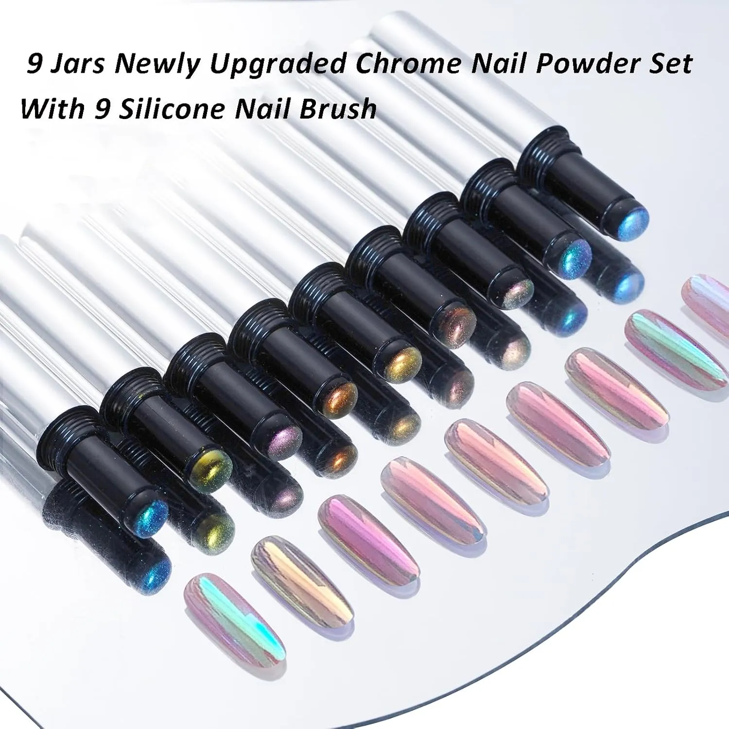Holographic Chrome Nail Powder Set, 9 Colors Metallic Mirror Effect Powder with Silicone Nail Brush Iridescent Shell Aurora Glitter Nail Art Pigment for Home DIY Nail Salon Manicure