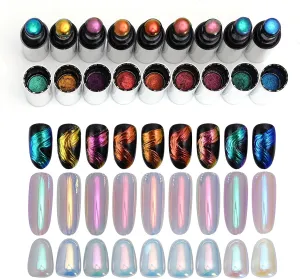Holographic Chrome Nail Powder Set, 9 Colors Metallic Mirror Effect Powder with Silicone Nail Brush Iridescent Shell Aurora Glitter Nail Art Pigment for Home DIY Nail Salon Manicure