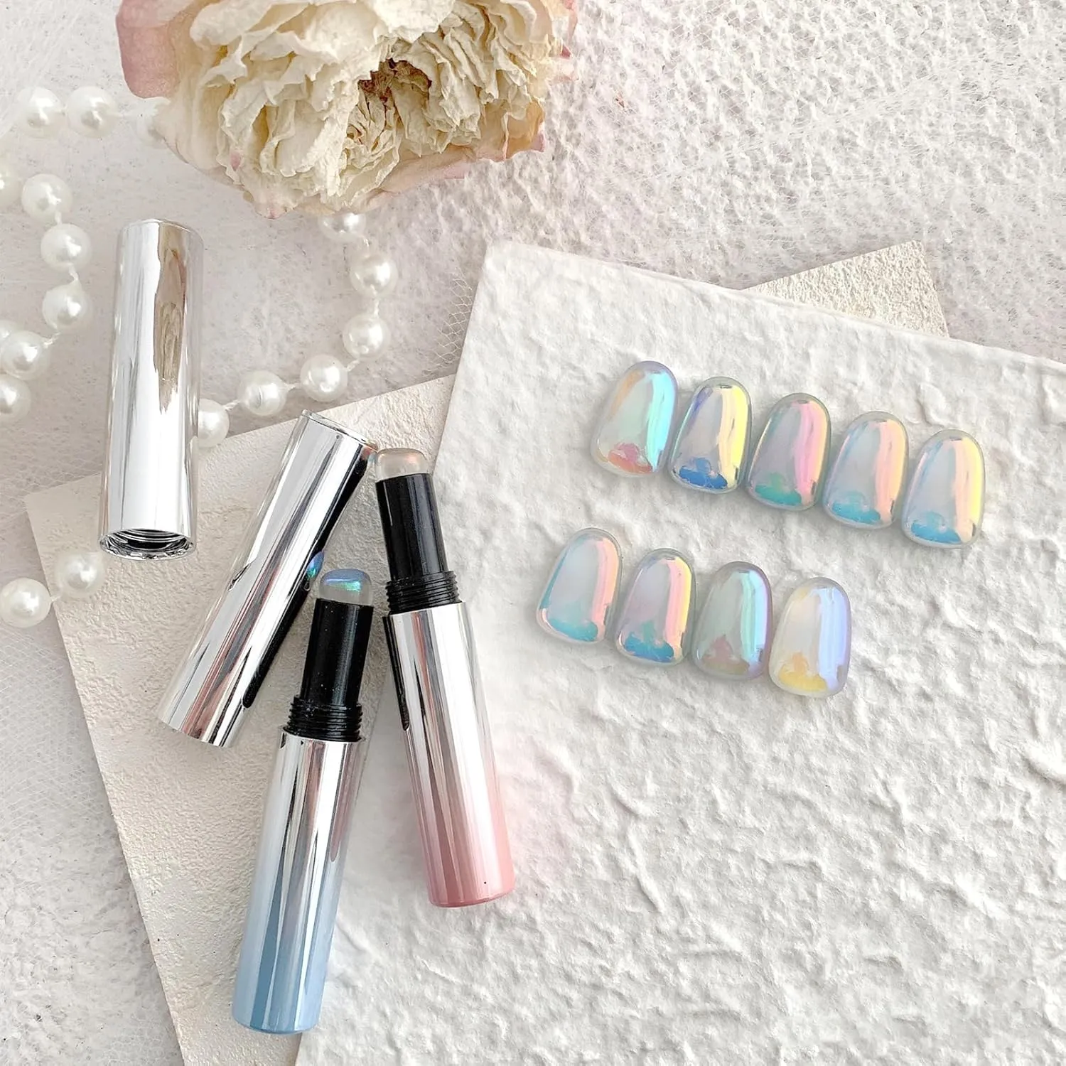 Holographic Chrome Nail Powder Set, 9 Colors Metallic Mirror Effect Powder with Silicone Nail Brush Iridescent Shell Aurora Glitter Nail Art Pigment for Home DIY Nail Salon Manicure