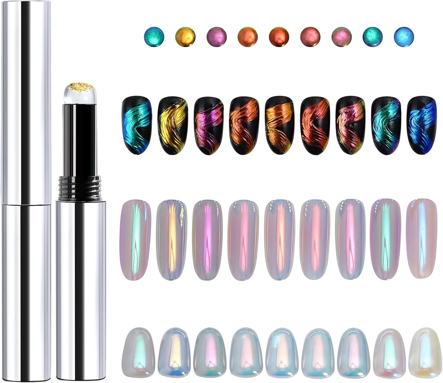 Holographic Chrome Nail Powder Set, 9 Colors Metallic Mirror Effect Powder with Silicone Nail Brush Iridescent Shell Aurora Glitter Nail Art Pigment for Home DIY Nail Salon Manicure